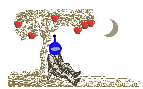Newton, iklädd sin rymdhjälm, under äppelträdet